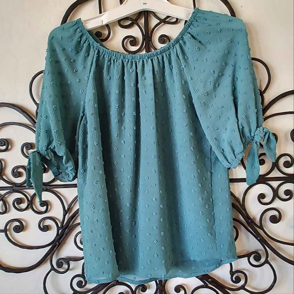 Pretty Lily Bleu girls blouse sheer teal sleeve ties Sz. L 14